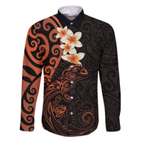 New Zealand Tuatara Plumeria Family Matching Long Sleeve Bodycon Dress and Hawaiian Shirt Maori Orange Koru Tribal Tattoo LT01 Dad's Shirt - Long Sleeve Orange - Polynesian Pride
