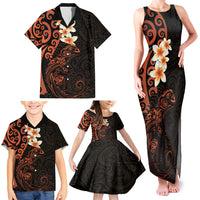 New Zealand Tuatara Plumeria Family Matching Tank Maxi Dress and Hawaiian Shirt Maori Orange Koru Tribal Tattoo