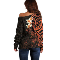 New Zealand Tuatara Plumeria Off Shoulder Sweater Maori Orange Koru Tribal Tattoo