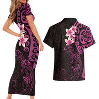 New Zealand Tuatara Plumeria Couples Matching Short Sleeve Bodycon Dress and Hawaiian Shirt Maori Pink Koru Tribal Tattoo LT01 - Polynesian Pride