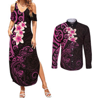 New Zealand Tuatara Plumeria Couples Matching Summer Maxi Dress and Long Sleeve Button Shirt Maori Pink Koru Tribal Tattoo LT01 Pink - Polynesian Pride