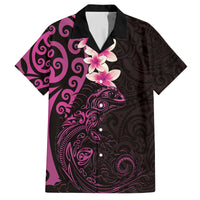 New Zealand Tuatara Plumeria Family Matching Off The Shoulder Long Sleeve Dress and Hawaiian Shirt Maori Pink Koru Tribal Tattoo