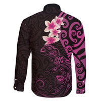 New Zealand Tuatara Plumeria Family Matching Off The Shoulder Long Sleeve Dress and Hawaiian Shirt Maori Pink Koru Tribal Tattoo
