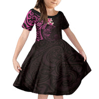 New Zealand Tuatara Plumeria Family Matching Puletasi and Hawaiian Shirt Maori Pink Koru Tribal Tattoo LT01 Daughter's Dress Pink - Polynesian Pride