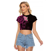 New Zealand Tuatara Plumeria Raglan Cropped T Shirt Maori Pink Koru Tribal Tattoo