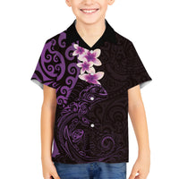 New Zealand Tuatara Plumeria Family Matching Puletasi and Hawaiian Shirt Maori Purple Koru Tribal Tattoo LT01 Son's Shirt Purple - Polynesian Pride