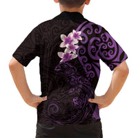 New Zealand Tuatara Plumeria Family Matching Short Sleeve Bodycon Dress and Hawaiian Shirt Maori Purple Koru Tribal Tattoo LT01 - Polynesian Pride