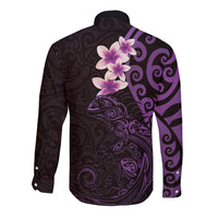 New Zealand Tuatara Plumeria Long Sleeve Button Shirt Maori Purple Koru Tribal Tattoo