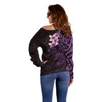 New Zealand Tuatara Plumeria Off Shoulder Sweater Maori Purple Koru Tribal Tattoo