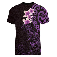 New Zealand Tuatara Plumeria Women V-Neck T-Shirt Maori Purple Koru Tribal Tattoo
