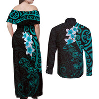 New Zealand Tuatara Plumeria Couples Matching Off Shoulder Maxi Dress and Long Sleeve Button Shirt Maori Teal Koru Tribal Tattoo LT01 - Polynesian Pride