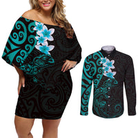 New Zealand Tuatara Plumeria Couples Matching Off Shoulder Short Dress and Long Sleeve Button Shirt Maori Teal Koru Tribal Tattoo LT01 Teal - Polynesian Pride