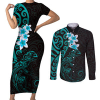 New Zealand Tuatara Plumeria Couples Matching Short Sleeve Bodycon Dress and Long Sleeve Button Shirt Maori Teal Koru Tribal Tattoo