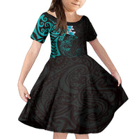 New Zealand Tuatara Plumeria Family Matching Long Sleeve Bodycon Dress and Hawaiian Shirt Maori Teal Koru Tribal Tattoo LT01 Daughter's Dress Teal - Polynesian Pride