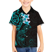 New Zealand Tuatara Plumeria Family Matching Short Sleeve Bodycon Dress and Hawaiian Shirt Maori Teal Koru Tribal Tattoo LT01 Son's Shirt Teal - Polynesian Pride