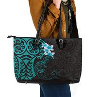 New Zealand Tuatara Plumeria Leather Tote Bag Maori Teal Koru Tribal Tattoo LT01 - Polynesian Pride