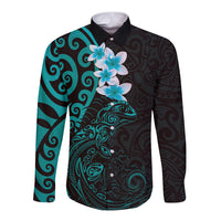 New Zealand Tuatara Plumeria Long Sleeve Button Shirt Maori Teal Koru Tribal Tattoo