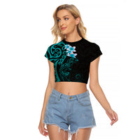 New Zealand Tuatara Plumeria Raglan Cropped T Shirt Maori Teal Koru Tribal Tattoo