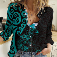 New Zealand Tuatara Plumeria Women Casual Shirt Maori Teal Koru Tribal Tattoo