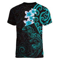 New Zealand Tuatara Plumeria Women V-Neck T-Shirt Maori Teal Koru Tribal Tattoo