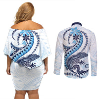 Blue Maori Tuatara Couples Matching Off Shoulder Short Dress and Long Sleeve Button Shirt Luxury Pastel Pattern LT01 - Polynesian Pride