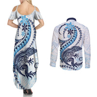 Blue Maori Tuatara Couples Matching Summer Maxi Dress and Long Sleeve Button Shirt Luxury Pastel Pattern LT01 - Polynesian Pride