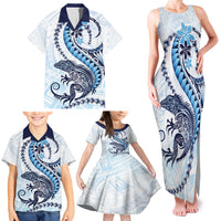 Blue Maori Tuatara Family Matching Tank Maxi Dress and Hawaiian Shirt Luxury Pastel Pattern