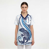 Blue Maori Tuatara Scrub Top Luxury Pastel Pattern - Polynesian Pride