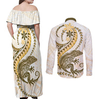 Gold Maori Tuatara Couples Matching Off Shoulder Maxi Dress and Long Sleeve Button Shirt Luxury Pastel Pattern