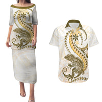 Gold Maori Tuatara Couples Matching Puletasi and Hawaiian Shirt Luxury Pastel Pattern LT01 Gold - Polynesian Pride