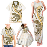 Gold Maori Tuatara Family Matching Tank Maxi Dress and Hawaiian Shirt Luxury Pastel Pattern