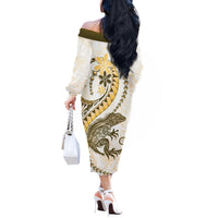 Gold Maori Tuatara Off The Shoulder Long Sleeve Dress Luxury Pastel Pattern