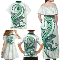 Green Maori Tuatara Family Matching Off Shoulder Maxi Dress and Hawaiian Shirt Luxury Pastel Pattern