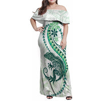 Green Maori Tuatara Family Matching Off Shoulder Maxi Dress and Hawaiian Shirt Luxury Pastel Pattern