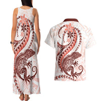 Red Maori Tuatara Couples Matching Tank Maxi Dress and Hawaiian Shirt Luxury Pastel Pattern