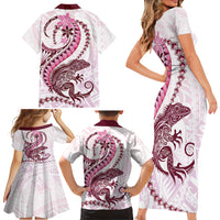 Pink Maori Tuatara Family Matching Short Sleeve Bodycon Dress and Hawaiian Shirt Luxury Pastel Pattern