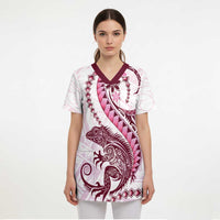 Pink Maori Tuatara Scrub Top Luxury Pastel Pattern - Polynesian Pride