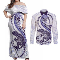 Purple Maori Tuatara Couples Matching Off Shoulder Maxi Dress and Long Sleeve Button Shirt Luxury Pastel Pattern