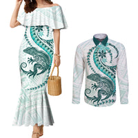 Teal Maori Tuatara Couples Matching Mermaid Dress and Long Sleeve Button Shirt Luxury Pastel Pattern