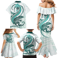 Teal Maori Tuatara Family Matching Mermaid Dress and Hawaiian Shirt Luxury Pastel Pattern