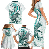 Teal Maori Tuatara Family Matching Short Sleeve Bodycon Dress and Hawaiian Shirt Luxury Pastel Pattern