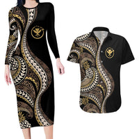 Hawaii Pineapple Brown Tribal Pattern Couples Matching Long Sleeve Bodycon Dress and Hawaiian Shirt - Polynesian Pride