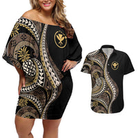 Hawaii Pineapple Brown Tribal Pattern Couples Matching Off Shoulder Short Dress and Hawaiian Shirt - Polynesian Pride