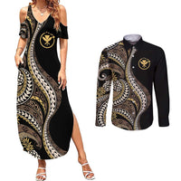 Hawaii Pineapple Brown Tribal Pattern Couples Matching Summer Maxi Dress and Long Sleeve Button Shirt LT01 Brown - Polynesian Pride