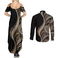 Hawaii Pineapple Brown Tribal Pattern Couples Matching Summer Maxi Dress and Long Sleeve Button Shirt LT01 - Polynesian Pride