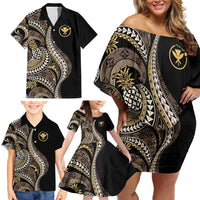 Hawaii Pineapple Brown Tribal Pattern Family Matching Off Shoulder Short Dress and Hawaiian Shirt LT01 - Polynesian Pride