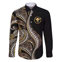 Hawaii Pineapple Brown Tribal Pattern Family Matching Off Shoulder Short Dress and Hawaiian Shirt LT01 Dad's Shirt - Long Sleeve Brown - Polynesian Pride