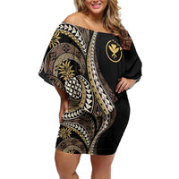 Hawaii Pineapple Brown Tribal Pattern Family Matching Off Shoulder Short Dress and Hawaiian Shirt LT01 Mom's Dress Brown - Polynesian Pride