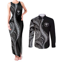 Hawaii Pineapple Gray Scale Tribal Pattern Couples Matching Tank Maxi Dress and Long Sleeve Button Shirt LT01 Black - Polynesian Pride