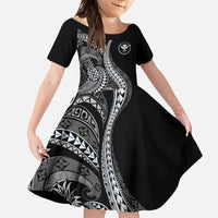 Hawaii Pineapple Gray Scale Tribal Pattern Family Matching Off Shoulder Maxi Dress and Hawaiian Shirt LT01 Daughter's Dress Black - Polynesian Pride